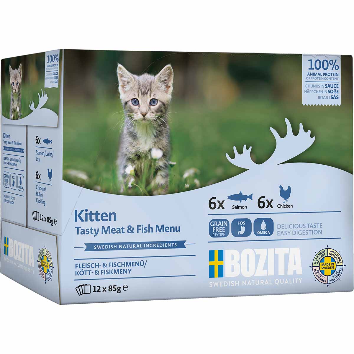 Bozita kousky v omáčce, multibox Fish&amp;Meat pro koťata, 12 × 85 g